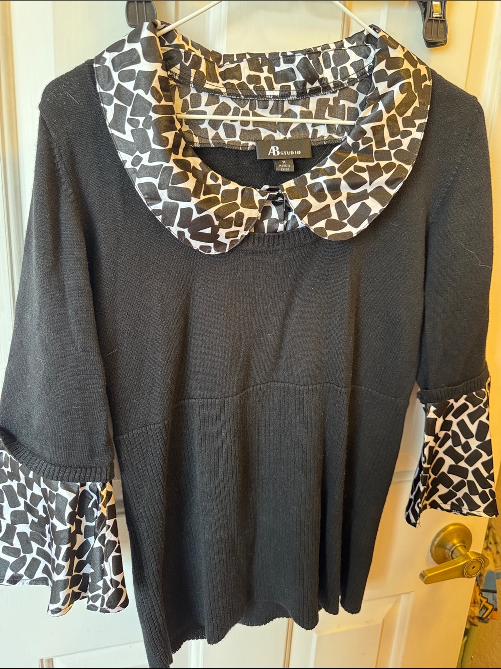 AB Studio Black Sweater with Black & White Printed Peter Pan Collar and Cuffs